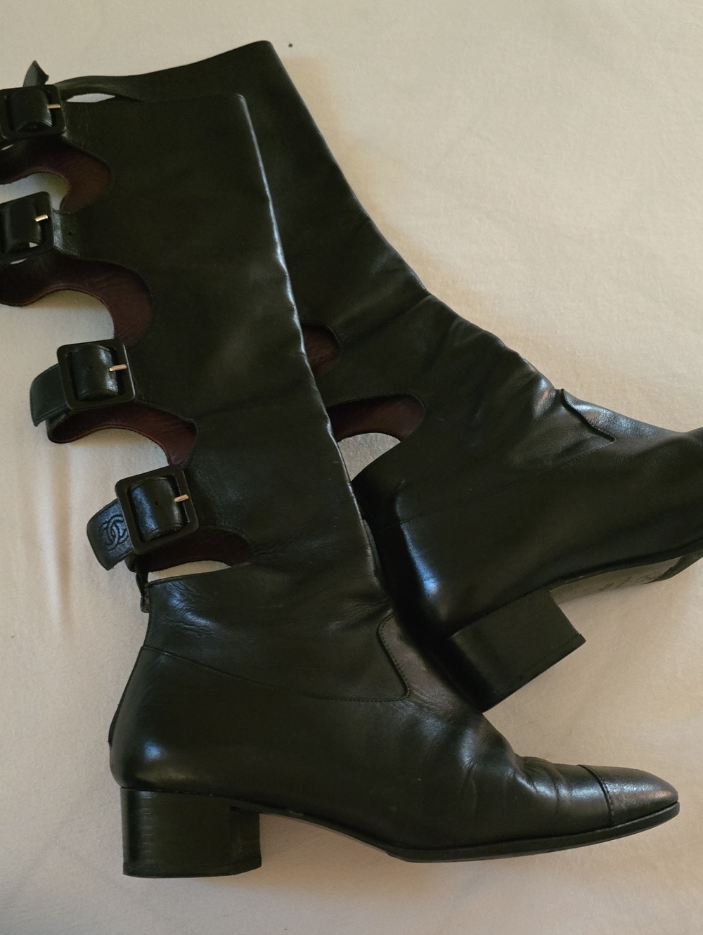 CHANEL Black Leather Mid-Calf Buckle Boots